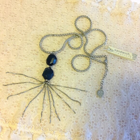 Vintage NEW sandwich jewellery Gray Beads Pendant VTG Silver Long Necklace - Picture 4 of 8